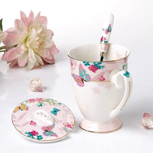 YBK Tech Euro Style Porcelain Tea Cup Coffee Mug with Lid for Breakfast Home Kitchen (((Butterflies Pattern) (Pink)))...