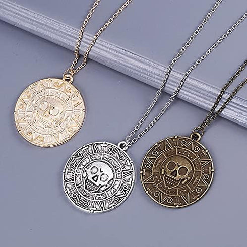Pirate Skeleton Coin Pendant Necklace for Women Men, Caribbean Skull Head Necklace for Halloween Costume Jewelry Accessory...