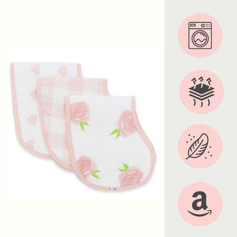 Ziggy Baby Muslin Burp Cloths, Burpy Bib Set (3 Pack) Pink Peony, Heart and Buffalo Plaid...