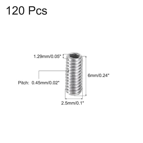 uxcell 120Pcs Hex Socket Grub Screw, M2.5x6mm 304 Stainless Steel Head Socket Set Screws Flat Point Grub Bolt for Door Handles, Light Fixture Repa...
