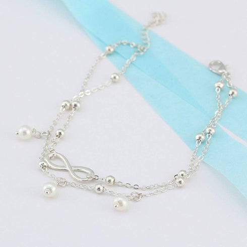 Boho Infinite Anklet Bracelets Pearl Layered Anklet Chain Silver Beach Foot Jewelry for Women...