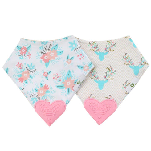 Reversible Baby Teething Bibs - Attached Pink Heart Teether - Boho Antler - Set of 2...