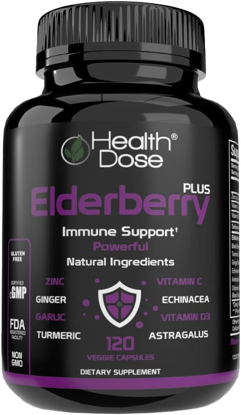 Elderberry Plus Capsules – Immune Support Supplement with Vitamins C, D3, Zinc, Selenium & 11 Ingredients for Year-Round Wellness – 120 Veggie Cap...