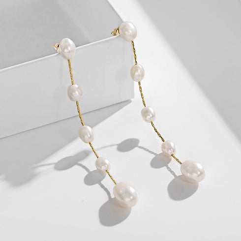 Irregular Freshwater Cultured Pearls Long Drop & Dangle Earrings 14K Gold Plated Pearl Tassel for Women (5 PEARLS)...