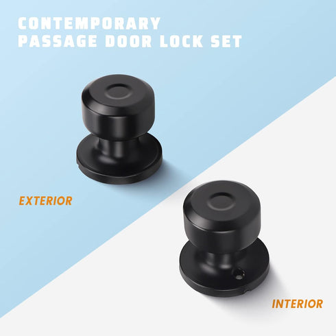 KNOBWELL 1 Pack Passage Door Knob for Hallway or Closet, Matte Black Interior Door Knobs, Non-Locking Door Handle Set Closet Door Knob, Hall & Clo...