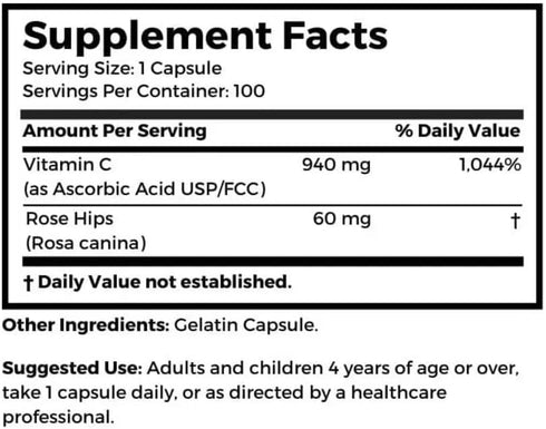 Dr. Clark Vitamin C with Rose HIPS Supplement – 1000mg, 100 Gelatin Capsules, Immune Support & Antioxidant Protection...