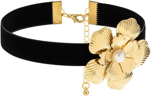 Boho Gold Flower Floral Pearl Black Choker Necklace for Women,Y2k Denim Rose Flower Choker Pearl Velet Choker Pendant Collar Trendy Jewelry...