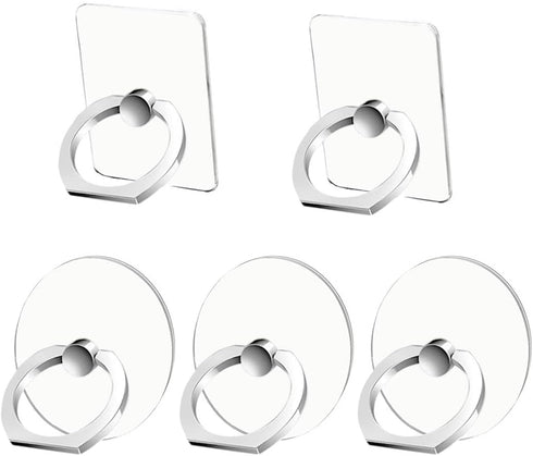 Cell Phone Ring Holder Stand 5 Pack Silver, Transparent Phone Ring Holder Finger Kickstand 360° Rotation, Clear Phone Ring Grip Compatible with Va...