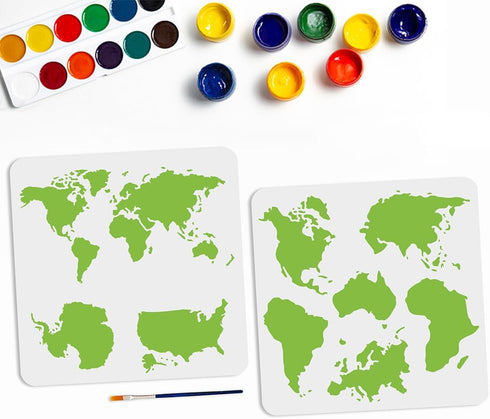 2pcs World Map Stencil Globe Stencil 11.8×11.8inch with Paint Brush Reusable World Travel Stencils for Craft Art Projects Walls Furniture Home Dec...