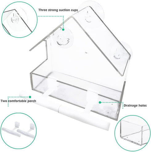 Window Bird Feeder, Bird House for Outside with 2 Rod, Small Acrylic Window Bird Feeder with Strong Suction Cups and Drain Holes 5.9 * 2.4 * 5.9 i...