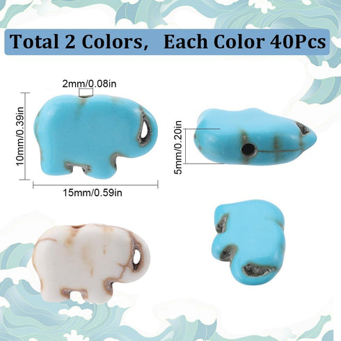 SUNNYCLUE 1 BOX 80PCS Elephant Beads Synthetic Turquoise Animal Beads Gemstone Charms Cute Small Natural Lucky Precious Blue White Stone Loose Spa...