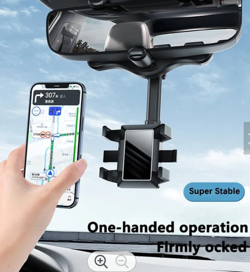 Phone Mount for Rear View Mirror, Hands Free, Compatible Apple + Samsung, 360 Degree, Rotatable and Retractable...