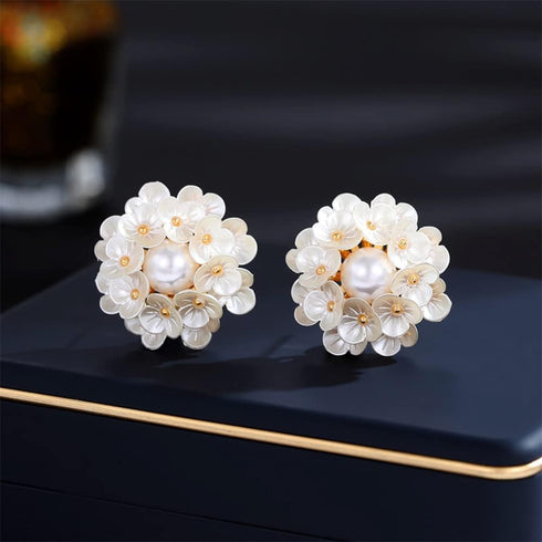 Round Flower Shell Pearl Stud Earrings for Women Girls 925 Sterling Silver Post Pin 14K Gold Plated Dainty White Hydrangea Clover Cluster Leaf Blo...