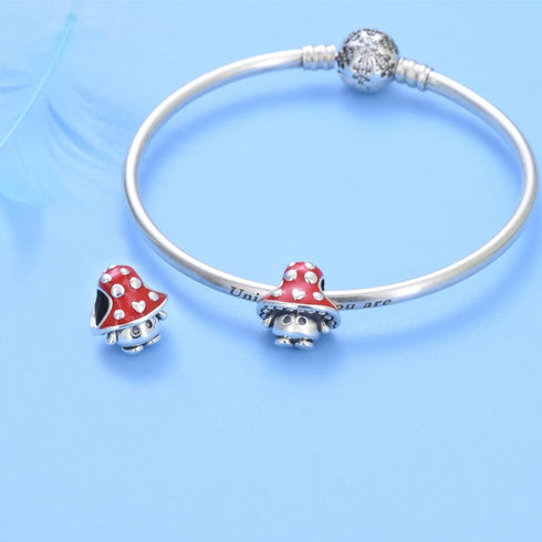 Cute Mushroom Charm 925 Sterling Silver with Red Enamel Bead Jewelry for Women European Bracelet Necklace...