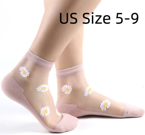 Daisy Socks Lace Sheer High Ankle Socks 6 Pairs Women Transparent Cute Preppy Floral Knit Cotton Sole Dress Sock...