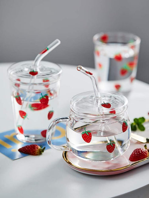 10 Oz Lovely Strawberry Clear Glass Tumbler with Lid and Straw....