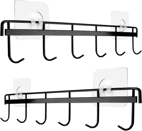 2Pcs Kitchen Utility Hooks,Wall Mount Kitchen Utensil Rack with 6 Hooks,Wall Mounted Rail,No Drilling Kitchen Utensil Holder,Space Saving Kitchen ...