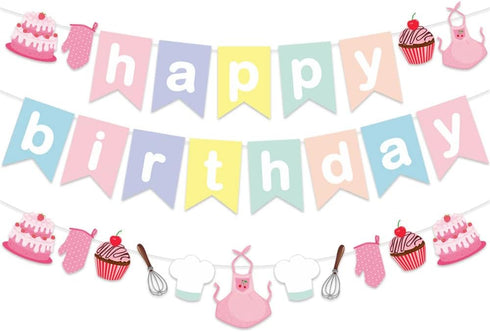 Baking Theme Macaroon Color Sweet Happy Birthday Bunting Garland Banner For Little Bakers Girls Kids Birthday Bakery Chef Cupcake Themed Party Sup...
