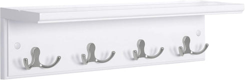 SONGMICS Entryway Hanging Coat Rack, Wall-Mounted Wooden Shelf, with 4 Double Hooks, Wall Floating Shelf, White ULHR42WT...