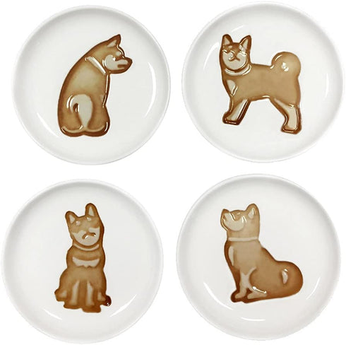 4pcs Ceramics Shiba Dog Relief Seasoning Dishes Sushi Dipping Bowl Appetizer Plate - 3.5 inches...