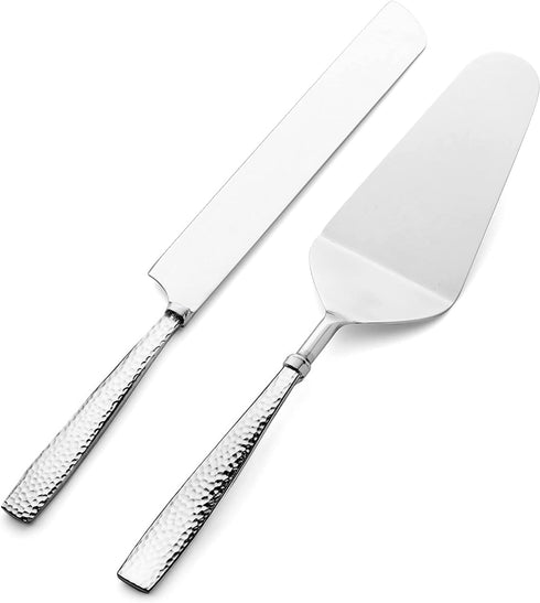 Hand Hammered Silver Plated Stainless Steel Cake Knife & Server Set of 2 For Weddings Home Shower Party Anniversary Pastry Pie Serving Knives Cake...