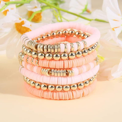 Pingyongchang Heishi Gold Beaded Bracelets Set for Women Men Bohemian Polymer Clay Colorful Surfer Vinyl Disc Stretch Layering Stackable Friendshi...