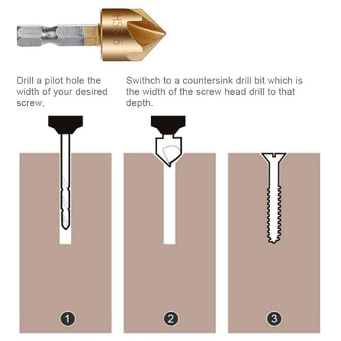 Countersink Drill Bit Set 3 Pcs 1/4'' Hex Shank High Carbon Steel 5 Flute Countersink 90 Degree Center Punch Tool Sets for Wood Quick Change Bits ...