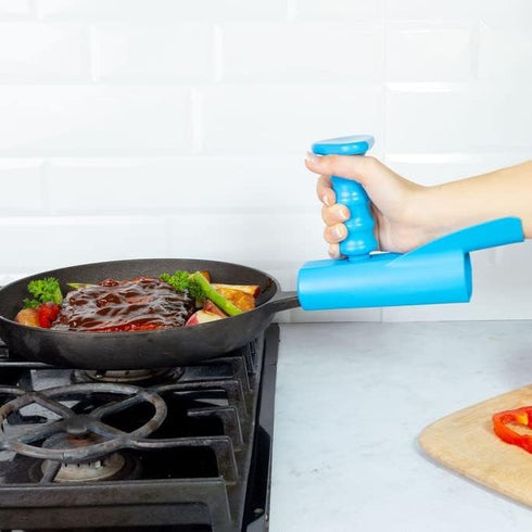 Pan Buddy™- Vertical Attachment for Pan Handle- Adds Leverage and Support- Makes Lifting Heavy Cookware Easier! (Blue)...