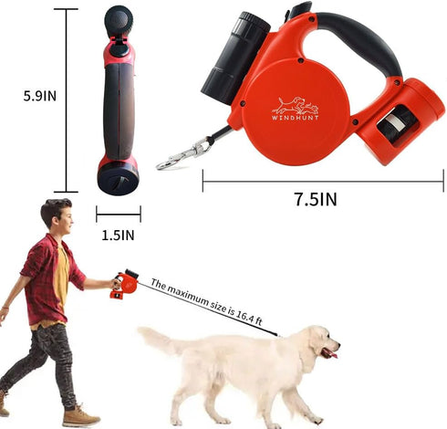 Retractable Dog Leash with Flashlight,Dispenser and Poop Bag Heavy-Duty Nylon Tape for Small,Medium Dogs and Cats One-Handed Brake and Lock.360°Ta...