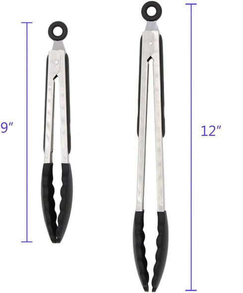 2 Pack Black Kitchen Tongs, Premium Silicone BPA Free Non-Stick Stainless Steel BBQ Cooking Grilling Locking Food Tongs, 9-Inch & 12-Inch...