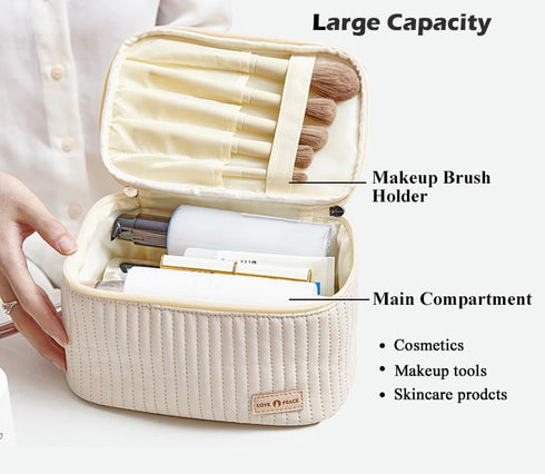 Makeup Bag, Travel Cosmetic Bag with Brush Organizer, Top Handle Makeup Case, Double-way Zipper Beauty Bag for Skincare Products and Cosmetics, Pi...