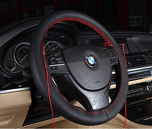 Genuine Leather Auto Car Steering Wheel Cover Stitch On Wrap,Anti Slip Universal 15 Inch,Balck and Red...
