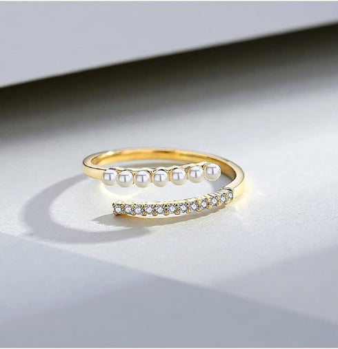 Elegant Pearl Open Stacking Ring Sterling Silver S925 Yellow Gold Crystal CZ Eternity Engagement Statement Rings Wrap Tail Finger Band for Women G...