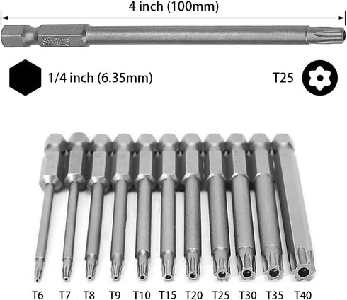 11PCS Torx Head Screwdriver Bit 1/4 inch Hex Shank S2 Steel 100mm Length Magnetic Security Screwdriver Set T6-T40 Star Screwdriver Bits Electric t...