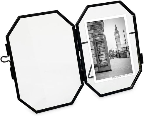 Isaac Jacobs 3.5x5 Vintage Style Octagon Brass & Glass, Metal Floating Picture Frame with Locket Closure (Vertical), Tabletop Display, (Fits up to...