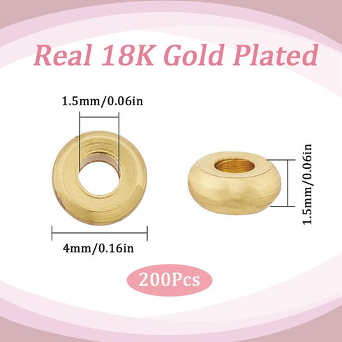 SUNNYCLUE 1 Box 200Pcs Gold Spacer Beads 4mm Real 18K Gold Plated Brass Heishi Disc Bead Flat Round 1.5mm Thick Metal Rondelle Beads Bulk Golden L...
