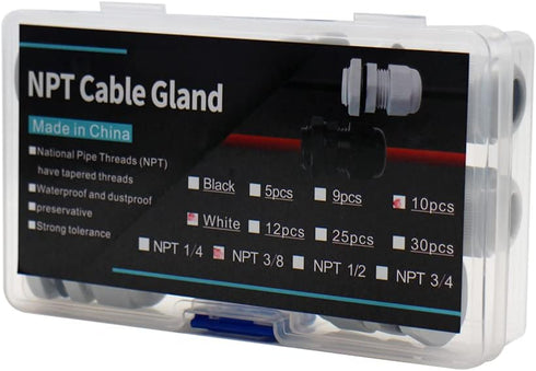 3/8 Cable Glands White PA66 Connector IP68 Waterproof Adjustable Cord Grip Strain Relief Connectors Protectors White 10PCS With Plastic Box...