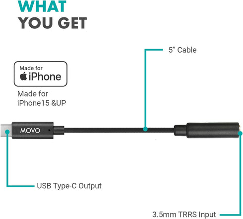 Movo Female 3.5mm TRRS Microphone Adapter Cable to USB-C Connector Dongle Compatible with Apple iPhone 15 and up, iPad Smartphones and Tablets - O...