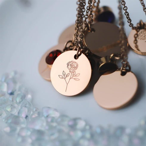 Birth Flower Necklace, Rose Gold Floral Pendant Necklaces, Dainty Birth Month Flower Disc Charm Hand Stamped Flower Disk Necklace...