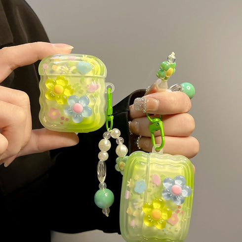for AirPods Case with Cleaner Kit Cute 3D Curly Wave Frame Flowers Design Preppy Fashion with Keychain, Soft TPU Protective AirPods 2nd & 1st Gene...