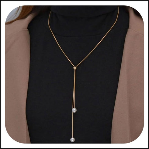Long Pearl Lariat Necklaces Single Pearl Drop Y Necklace Dainty Pearl Pendant Sliding Necklace Adjustable Round Snake Chain Y Necklace Jewelry for...