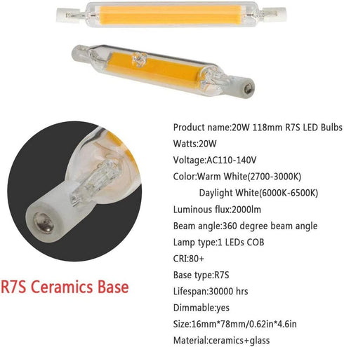 118mm 20W R7S LED Bulb 200W Halogen Equivalent 118mm J-Type High Brightness 20W 120V R7S Base 6000K Daylight White J Type T3 118mm Double Ended Fl...