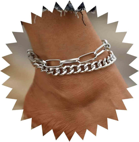 Silver Cuban Chain Anklet Bracelet Layered Paperclip Chain Foot Chain Punk Anklet Minimalist Beach Anklet 2 Pcs Set Foot Jewelry Gift for Women...