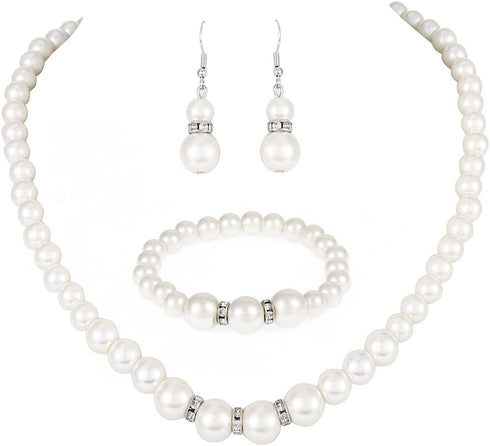 Unicra Pearl Bridal Wedding Jewelry Sets Silver Bride Necklace Earrings Bracelet Set 1920s Gatsby Costume Jewelry Accessories for Women and Brides...