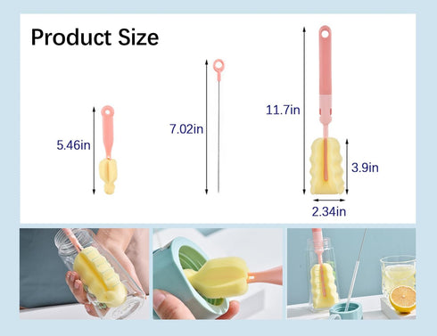 Bottle Brush Sponge Cup Brush Set, Removable Handle Upright Design Large Cup Brush + Extended Straw Brush + Lid Brush, Environmentally Conscious P...