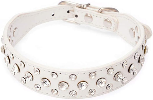 10"-24" Length Custom Leather Small Dog Collar Cat Collar with Crystal Rhinestone Bling(White,XS)...