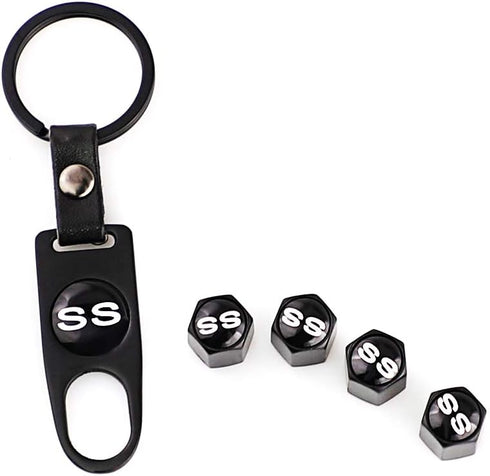 4Pcs Leakproof Tire Valve Stem Air Caps Covers Zinc Alloy and 1Pcs Wrench Keychain Combo Set for Chevy Silver Camaro SS Logo Decoration Accessorie...