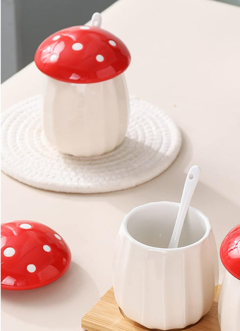 Ceramic Mushroom Shape Sugar Bowl Spice Jar Seasoning Pot with Lid Spoon...
