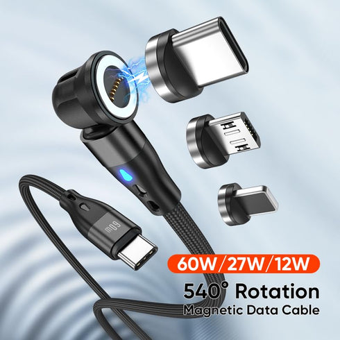 Magnetic Charging Cable, PD 60W USB C Cable Fast Charging, 7 pin 540° Rotation with Led Light, 480Mbps Data Transfer, 3 in 1 Cord for iPhone, Andr...