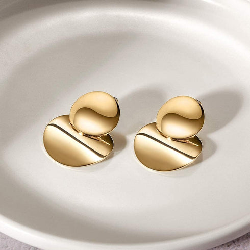 Gold Hoop Earrings Double Layered Disc Drop Fashion Earrings 14K Gold Plated Polished Stainless Steel Earrings Jewelry (Double Disc Drop Earrings ...